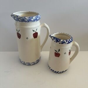 Lot Of 2 Crock Shop Pottery Santa Ana Ca Red Apple Hand Painted Creamer Pitchers